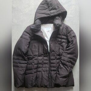 Calvin Klein down Brown Puffer Jacket soft interior. EUC, many inside pockets.